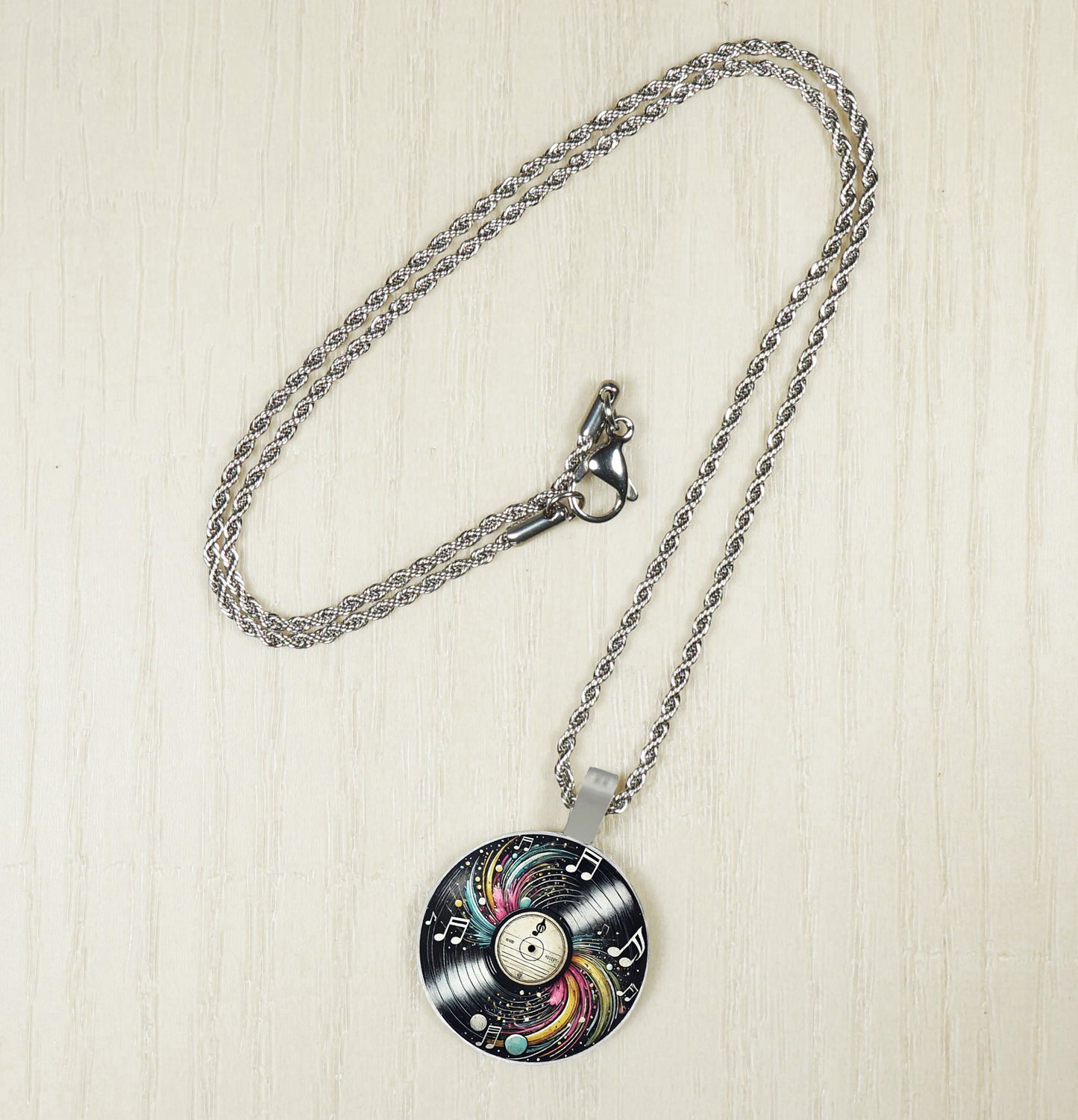 Intricate Highly Detailed Vinyl LP Record Pendant Necklace, Stainless Steel Rope Chain, 20 Inch, Gift for Him or Her