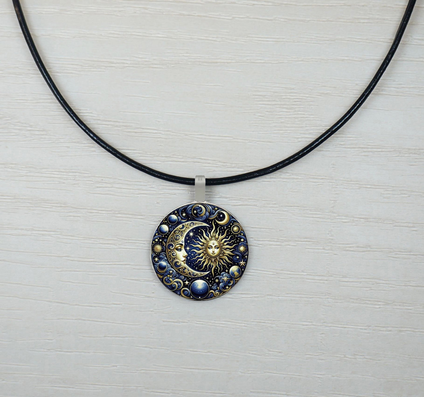 Blue Highly Detailed Sun Goddess & Moon Pendant Leather Cord Statement Necklace, Color and Length Choices