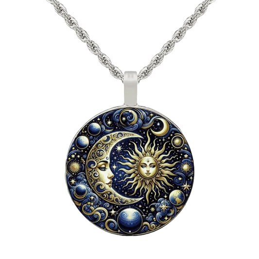 Intricate Highly Detailed Celestial Blue Sun Moon Boho Pendant, Stainless Steel Rope Chain Necklace, 20 Inch, Unisex Gift for Him or Her