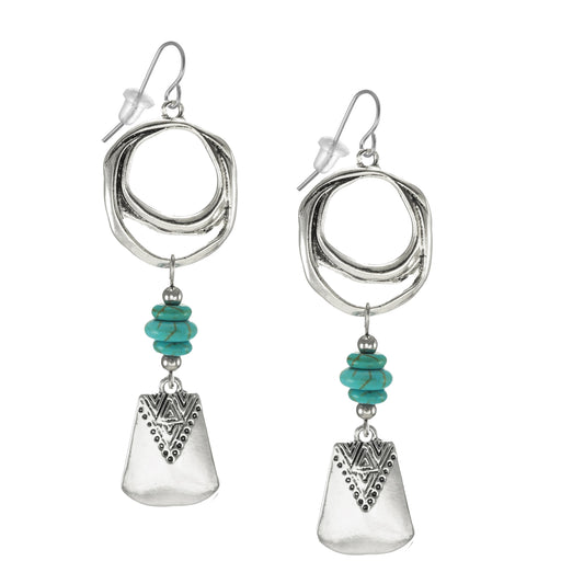 Gold or Silver Rustic Handmade Boho and Turquoise Gemstone Statement Dangle Earrings, 18K Gold Ear Wires or Platinum Ear Wires
