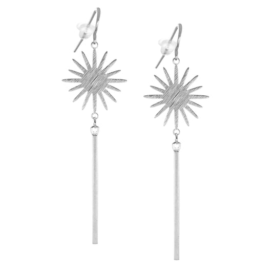 Celestial Brushed Silver Star Long Minimalist Dangle Earrings, Platinum Ear Wires