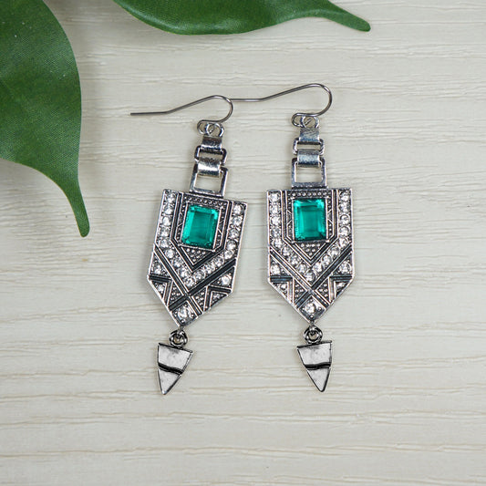 Silver & Green Egyptian Inspired Boho Statement Earrings, Platinum Ear Wires