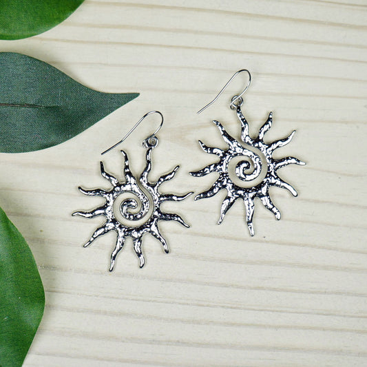 Boho Statement Silver Sun Earrings, Bohemian Style Earrings, Beautiful Silver Sunburst Earrings, Platinum Ear Wires