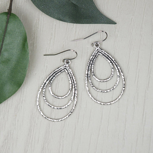 Hammered Silver Triple Teardrop Minimalist Everyday Earrings, Platinum Ear Wires