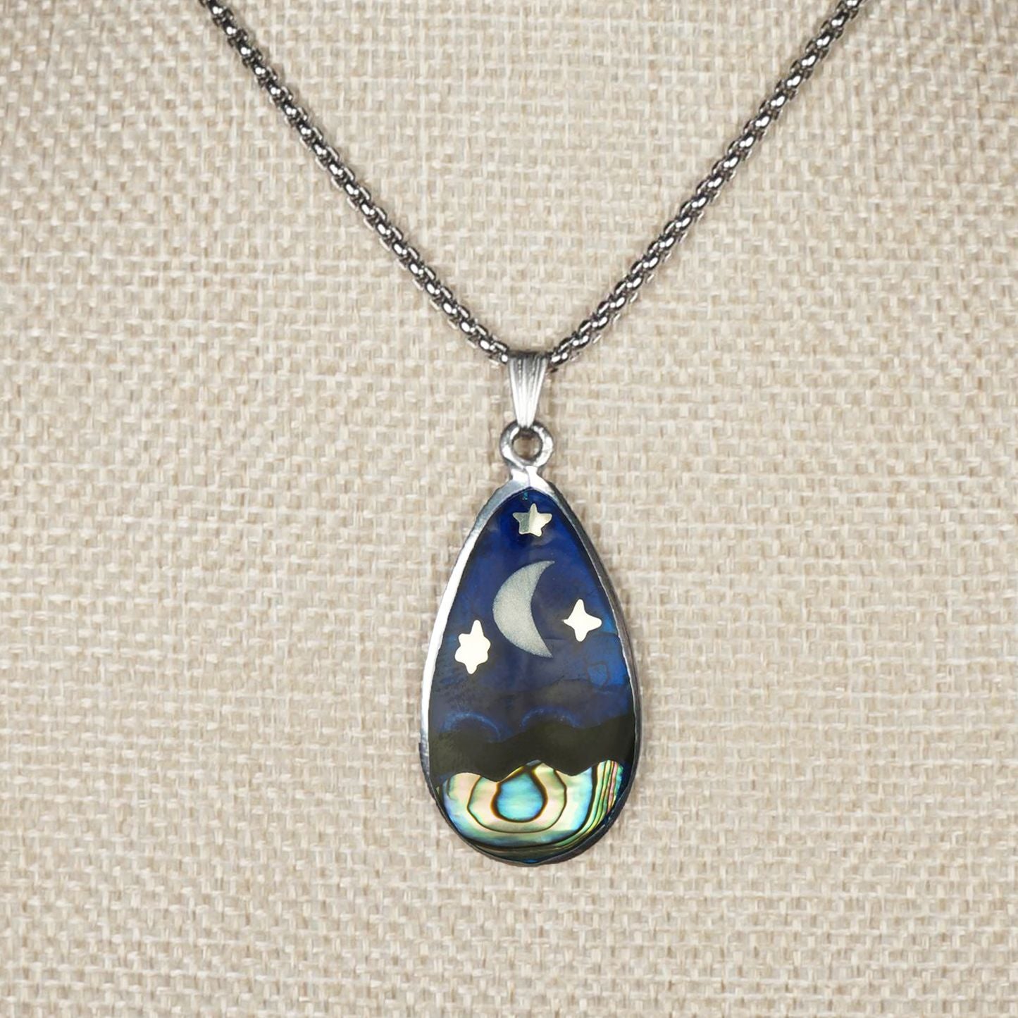 Unisex Moon and Stars Abalone Teardrop Pendant, Stainless Steel Chain Necklace, Length Choices