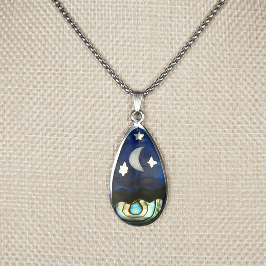 Unisex Moon and Stars Abalone Teardrop Pendant, Stainless Steel Chain Necklace, Length Choices
