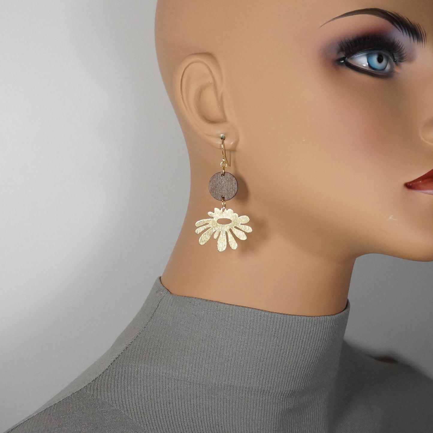 Funky Brushed Gold Abstract and Brown Wood Dangle Earrings, 18K Gold Ear Wires