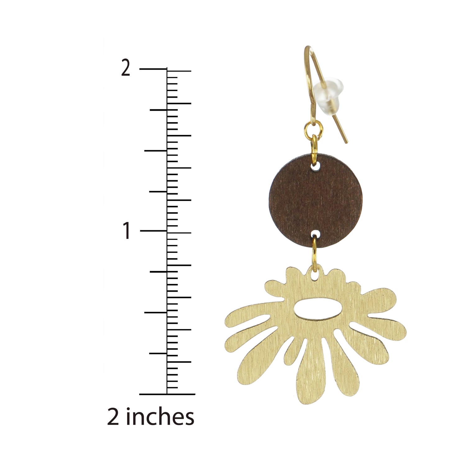 Funky Brushed Gold Abstract and Brown Wood Dangle Earrings, 18K Gold Ear Wires