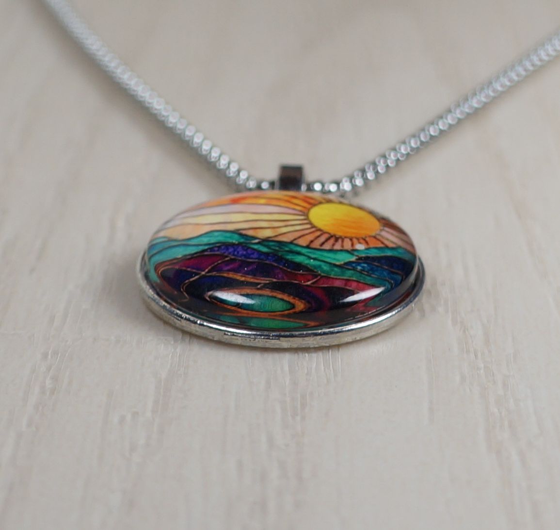 Intricate Highly Detailed Rainbow 2-D Stained Glass Look Sun Pendant, Stainless Steel Necklace, Length Choices