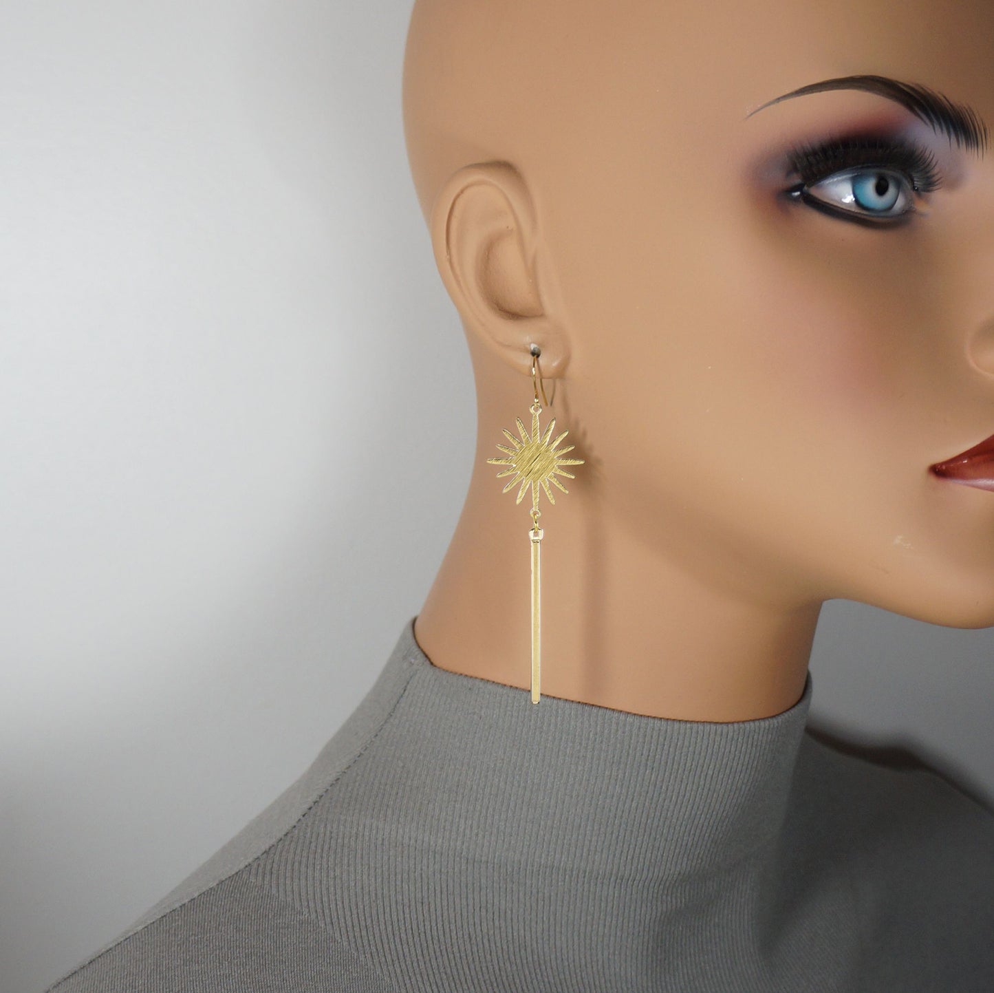 Celestial Brushed Gold Star Long Minimalist Dangle Earrings, 18K Gold Ear Wires