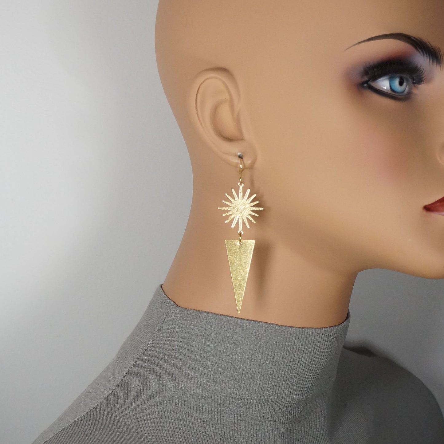 Celestial Brushed Gold Star Long Triangle Dangle Earrings, 18K Gold Ear Wires