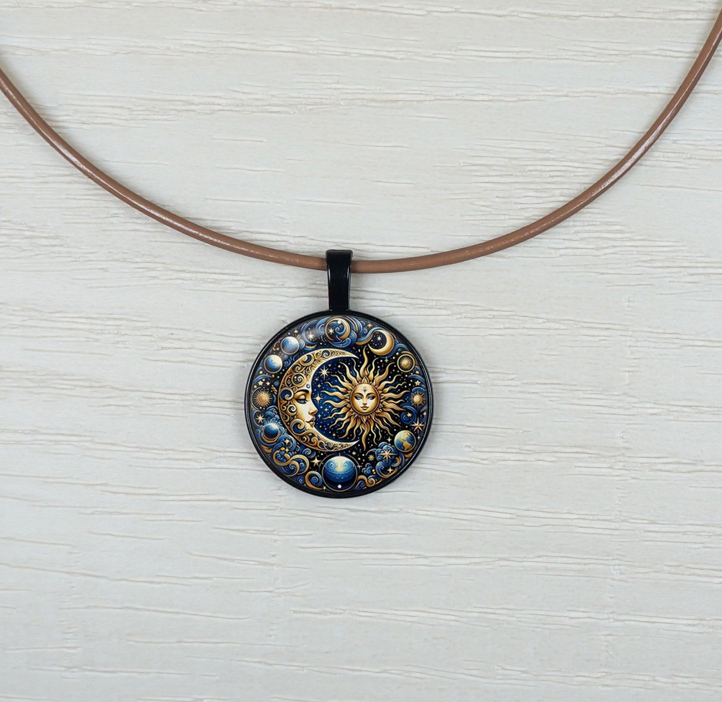 Blue Highly Detailed Sun Goddess & Moon Pendant Leather Cord Statement Necklace, Color and Length Choices