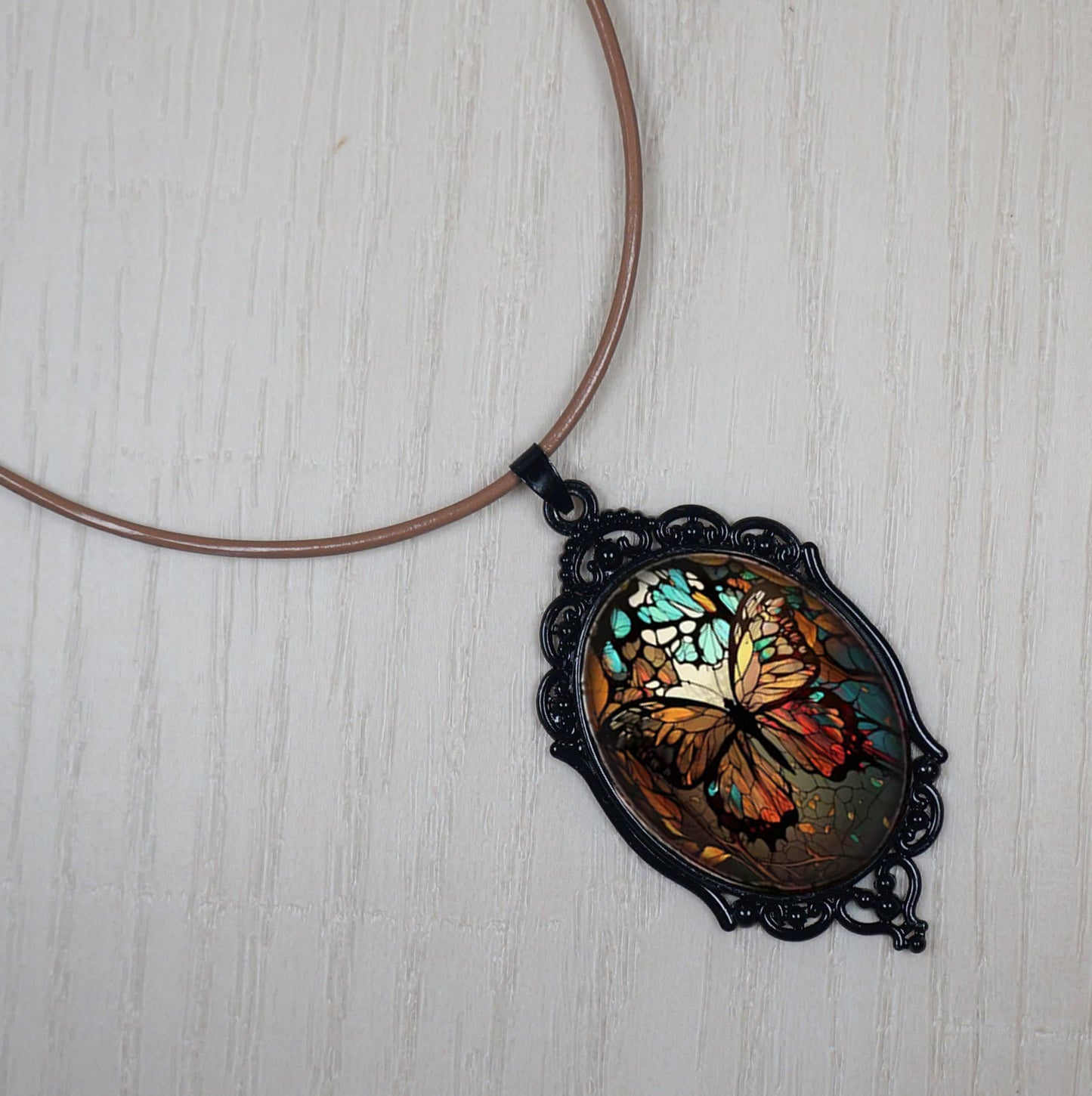 Intricate Highly Detailed Oval 2-D Butterfly Pendant Leather Cord Boho Necklace, Black or Tan Leather, Length Choicesngth Choices, Gift for Her (Copy)