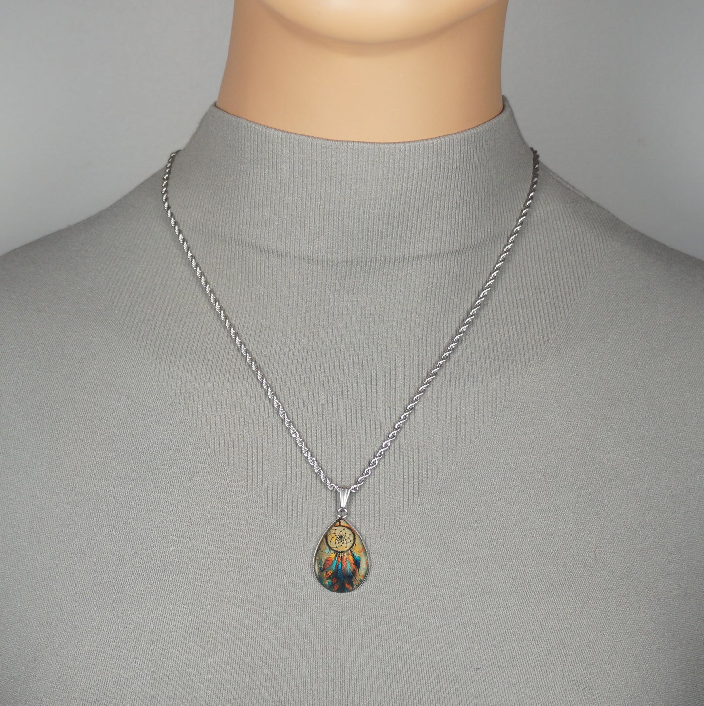 High Quality Stainless Steel Rope Chain with Blue or Tan boho Dream Catcher Teardrop Pendant – 19 1/2 inches