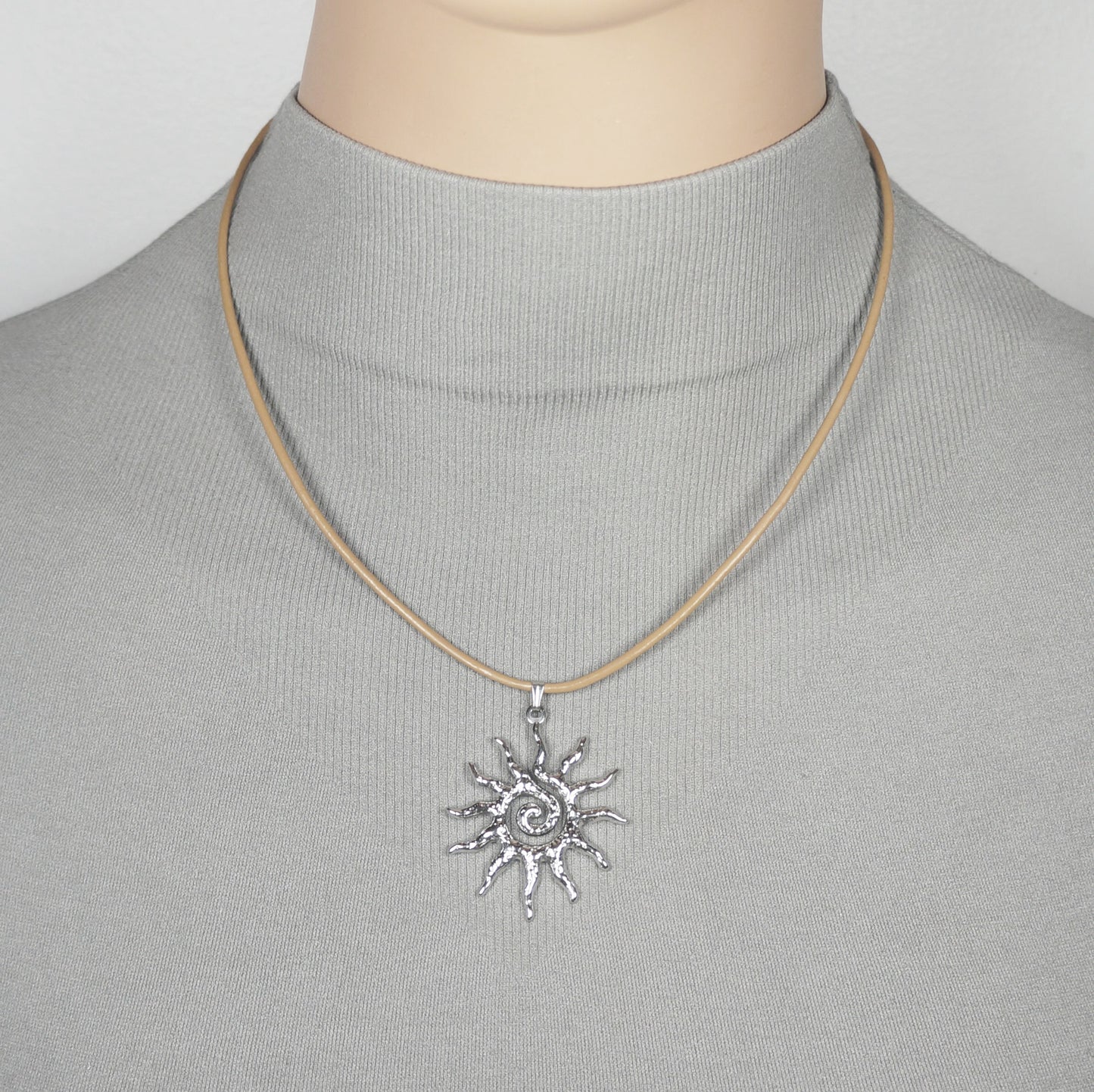 Celestial Hammered Silver Boho Sun Pendant Tan Leather Cord Necklace, Length Choices