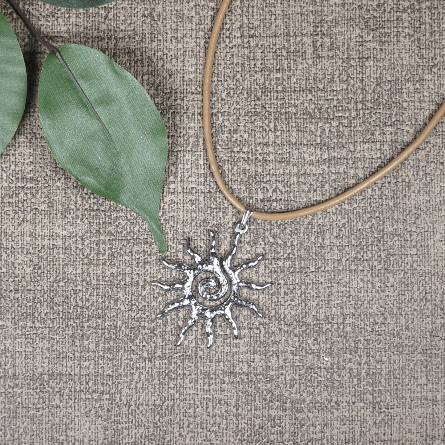 Celestial Hammered Silver Boho Sun Pendant Tan Leather Cord Necklace, Length Choices