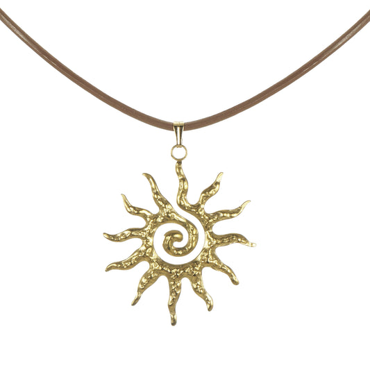 Celestial Hammered Gold Boho Sun Pendant Tan Leather Cord Necklace, Length Choices
