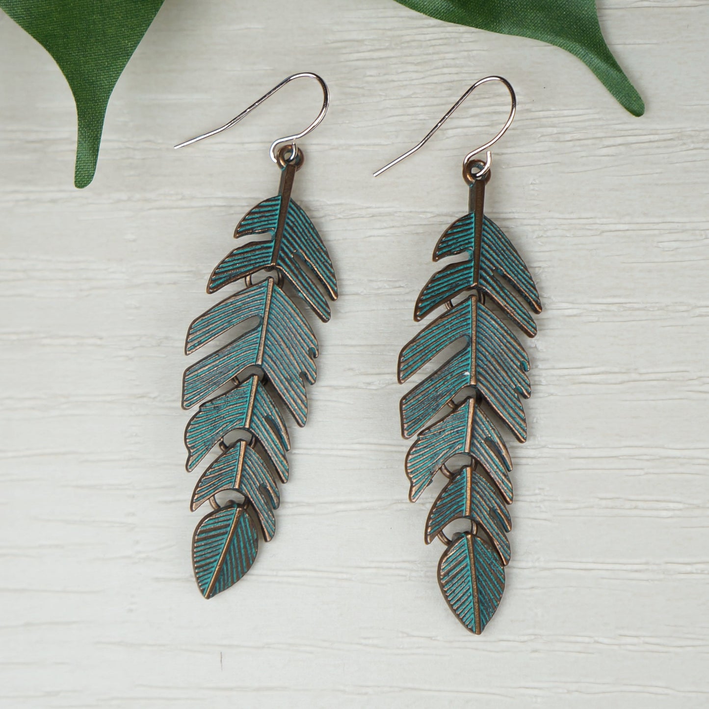 Copper Patina Leaf Drop Boho Statement Earrings, Rose Gold Ear Wires