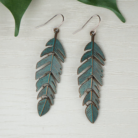 Copper Patina Leaf Drop Boho Statement Earrings, Rose Gold Ear Wires