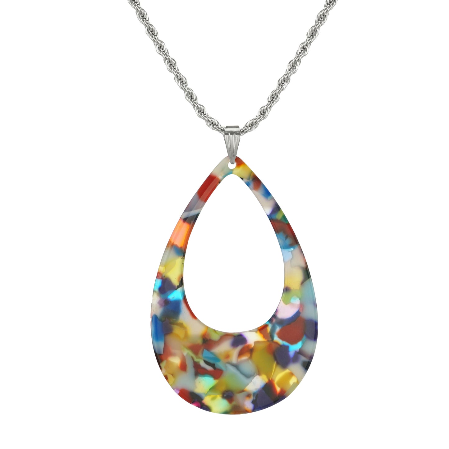 High Quality Stainless Steel Rope Chain with Lightweight Fun Vibrant Multi Rainbow Color Boho Teardrop Statement Pendant, 19 1/2 inches