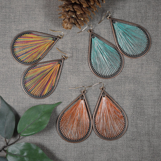Large Boho Antique Copper Threaded Teardrop Statement Dangle Earrings, Color Choices, 18K Gold Ear Wires