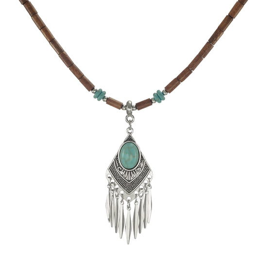 Turquoise and Brown Wood Western Style Beaded Boho Statement Necklace – Length Choices