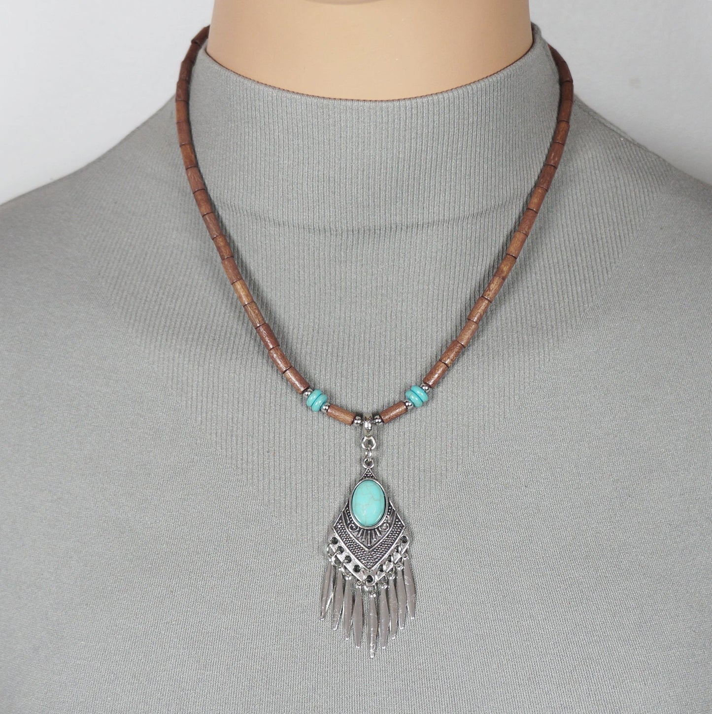 Turquoise and Brown Wood Western Style Beaded Boho Statement Necklace – Length Choices