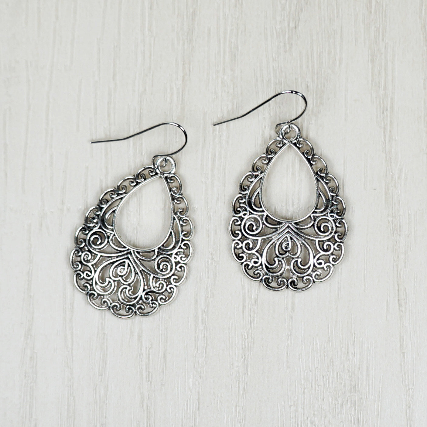 Antique Silver Filigree Teardrop Boho Droplet Dangle Earrings, Platinum Ear Wires, Gift for Her