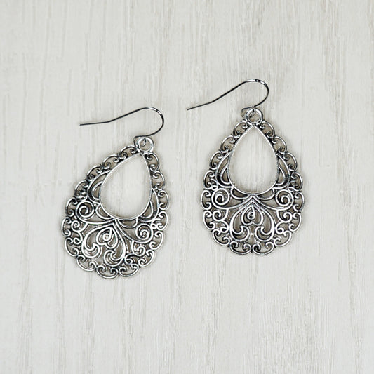 Antique Silver Filigree Teardrop Boho Droplet Dangle Earrings, Platinum Ear Wires, Gift for Her