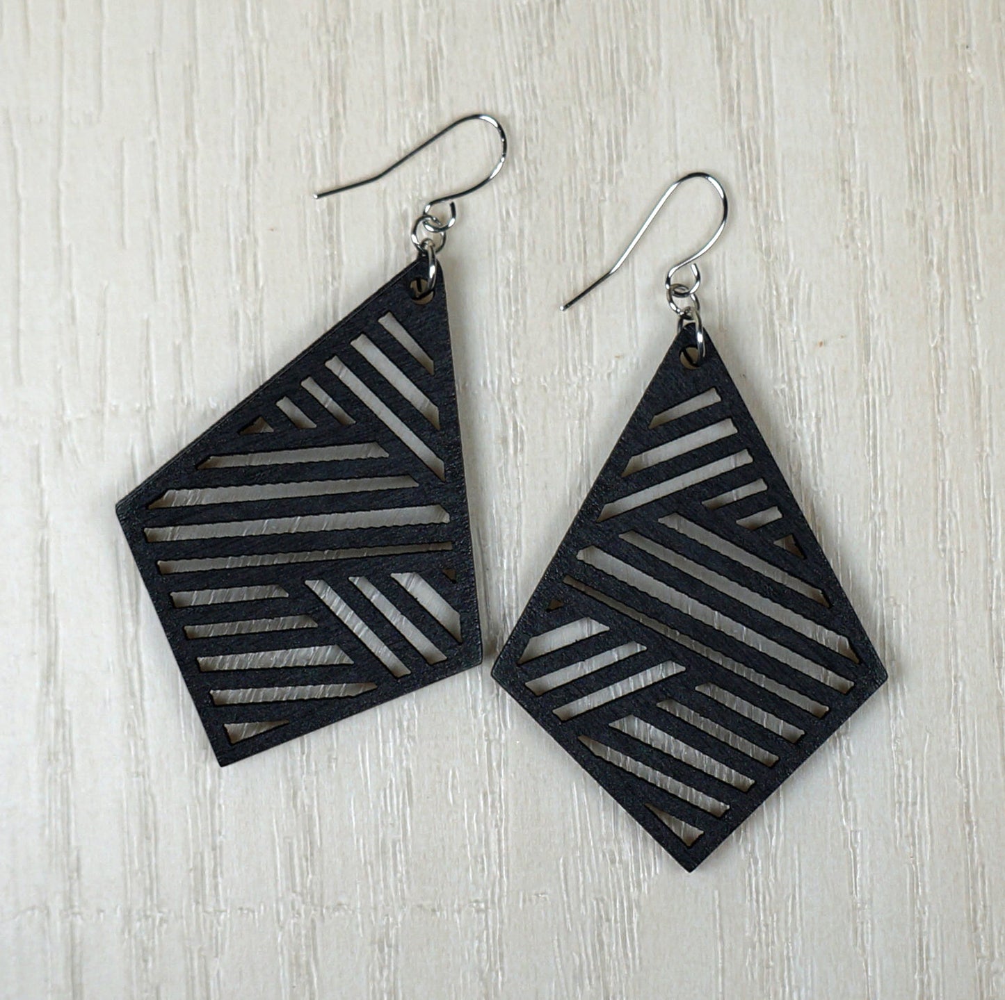 Black Rhombus Shaped Wood Lightweight Boho Statement Earrings, Hypoallergenic Platinum Ear Wires, Gift for Her