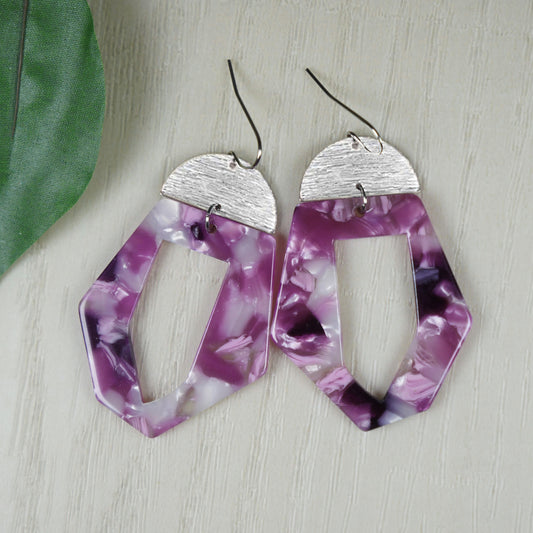 Vibrant Purple Acrylic and Silver Statement Earrings, Platinum Ear Wires