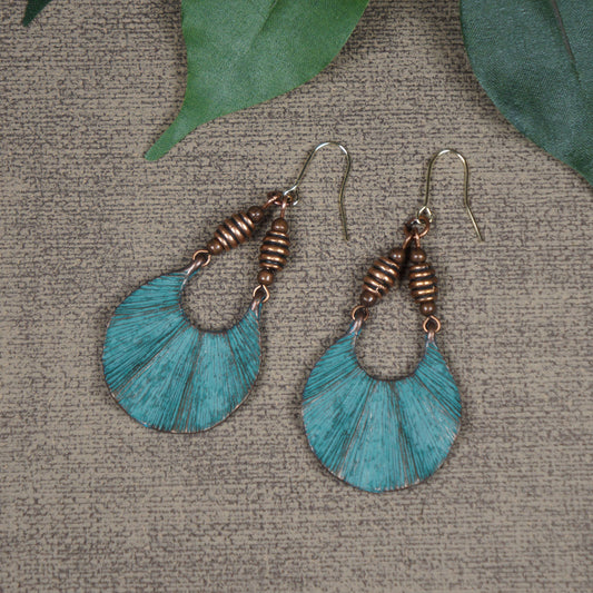 Unique Copper Patina Ethnic Rustic Boho Fan Shaped Statement Dangle Earrings – 18K Ear wires – Gift for Her