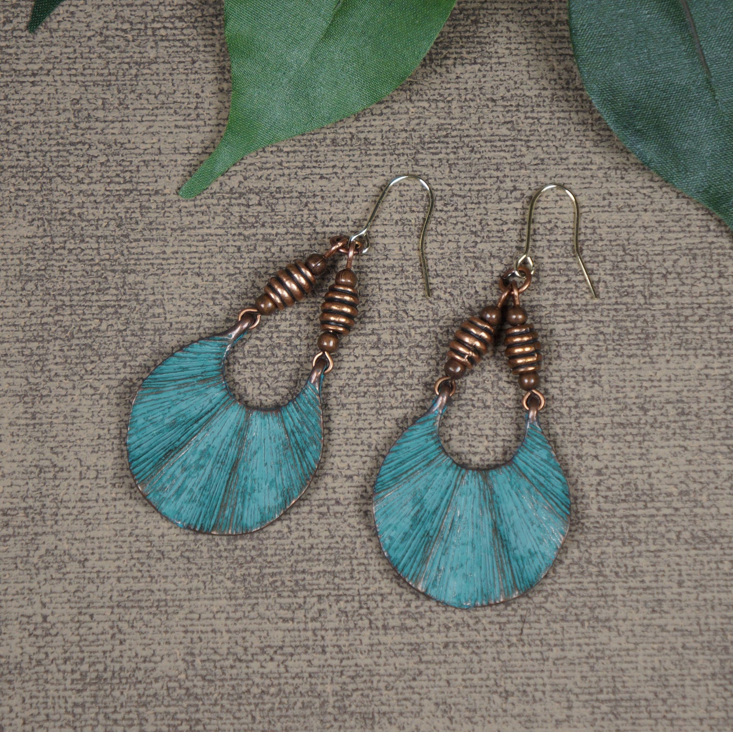 Unique Copper Patina Ethnic Rustic Boho Fan Shaped Statement Dangle Earrings – 18K Ear wires – Gift for Her