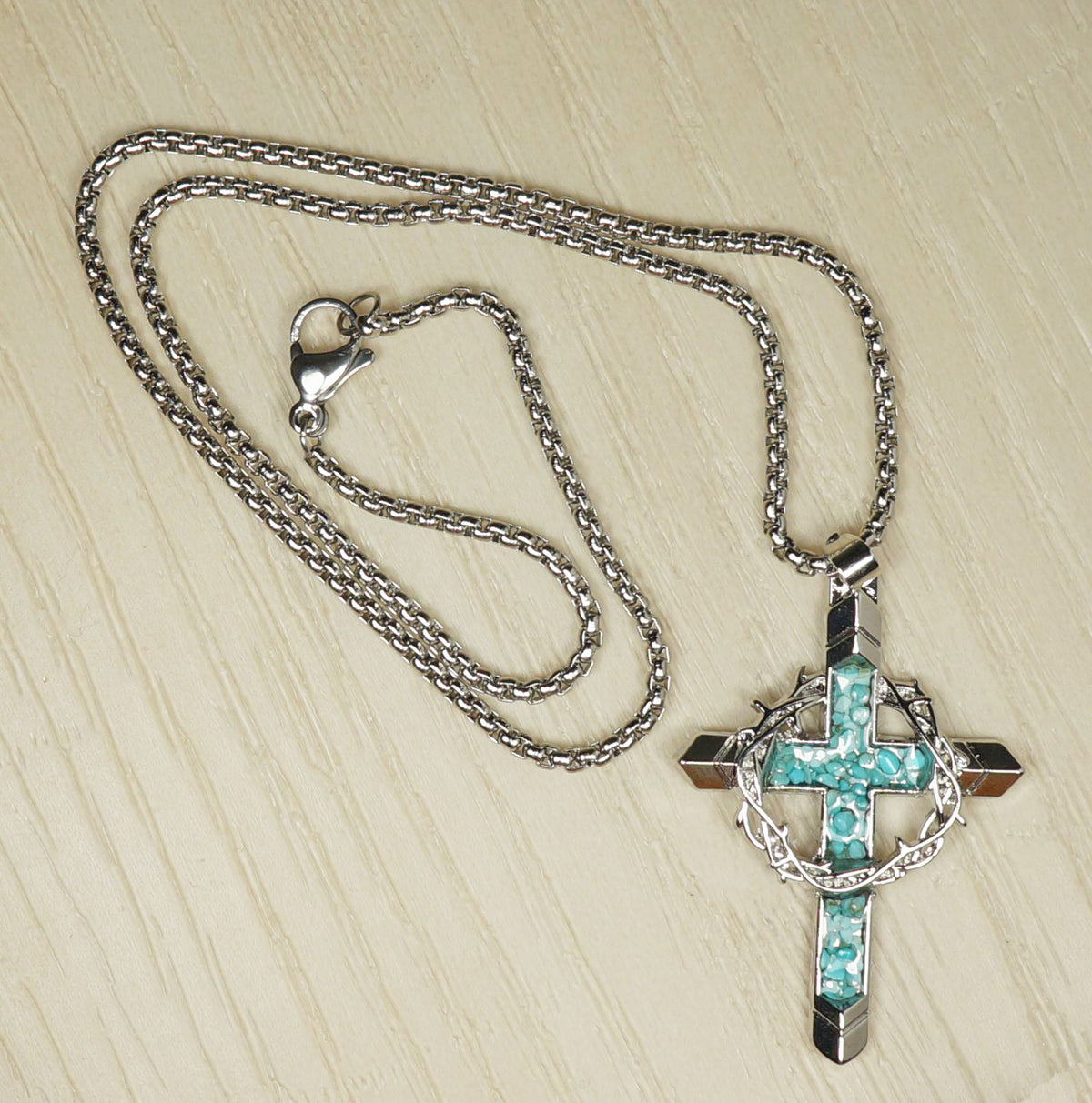 Silver Cross Pendant with Turquoise Inlay & Crown of Thorns, Stainless Steel Chain Necklace, Length Choices, Christian Faith Gift for Him or Her