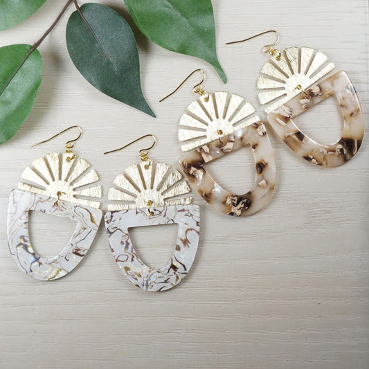 Brushed Gold Rising Sun & Acrylic Statement Earrings, 18K Gold Ear Wires, Color Choice