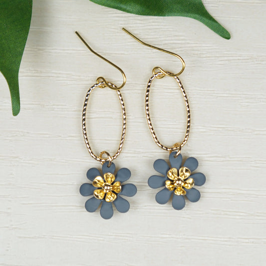 Textured Gold Oval Hoop and Grey Flower Boho Earrings, 18K Gold Ear Wires
