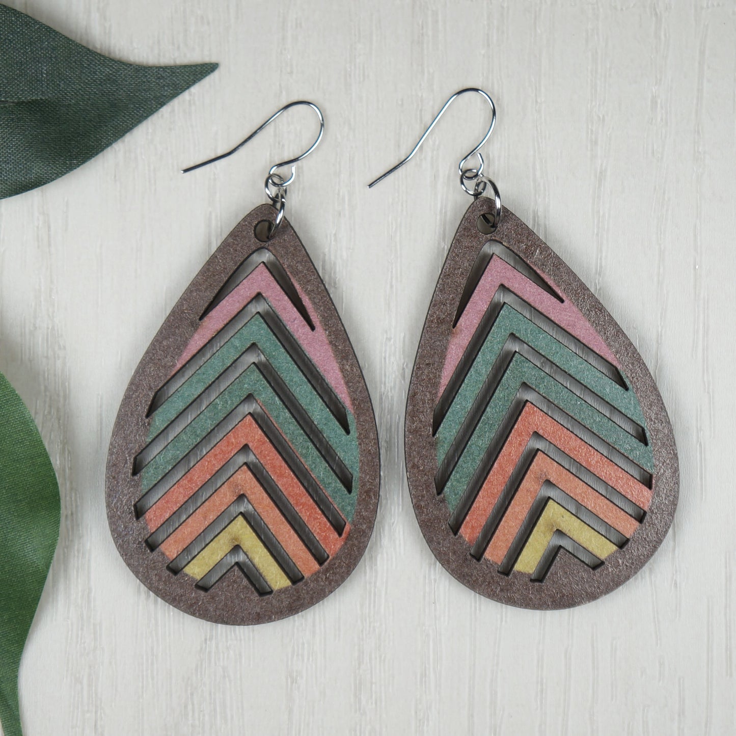 Retro Rainbow Wood Teardrop Boho Statement Earrings, Platinum Wires