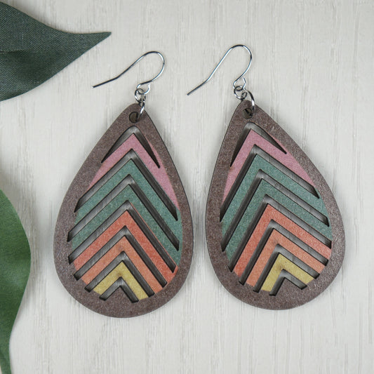 Retro Rainbow Wood Teardrop Boho Statement Earrings, Platinum Wires