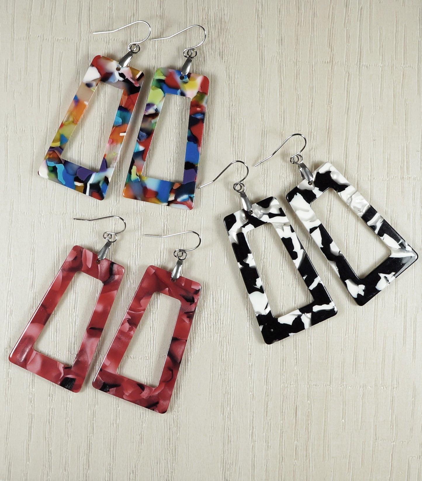 Vibrant Rectangle Multi, Red or Black Acrylic Boho Statement Earrings, Hypoallergenic Platinum Ear Wires