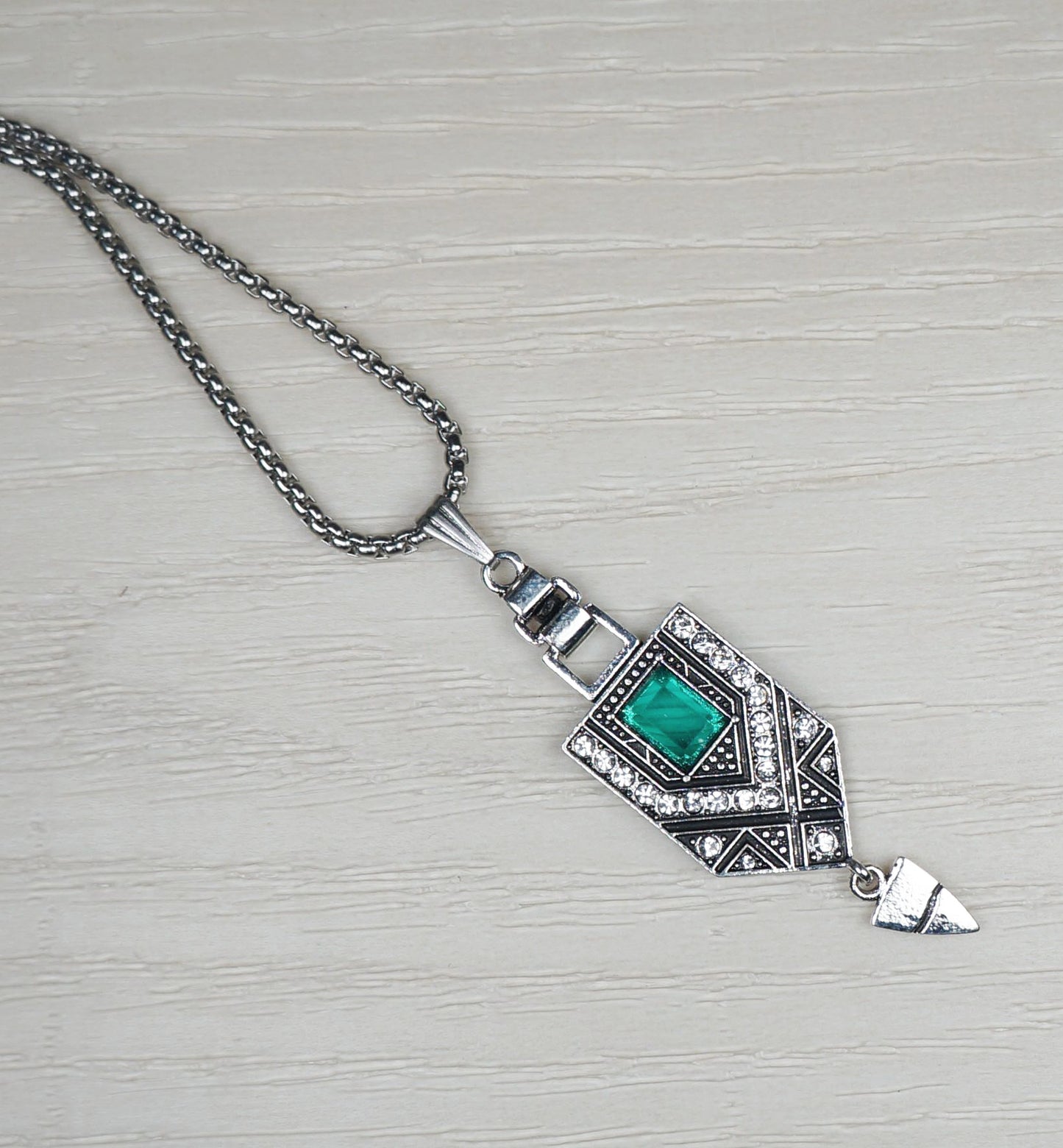 Art Deco Egyptian Inspired Silver & Green Vintage Pendant, Stainless Steel Chain Necklace, Length Choices