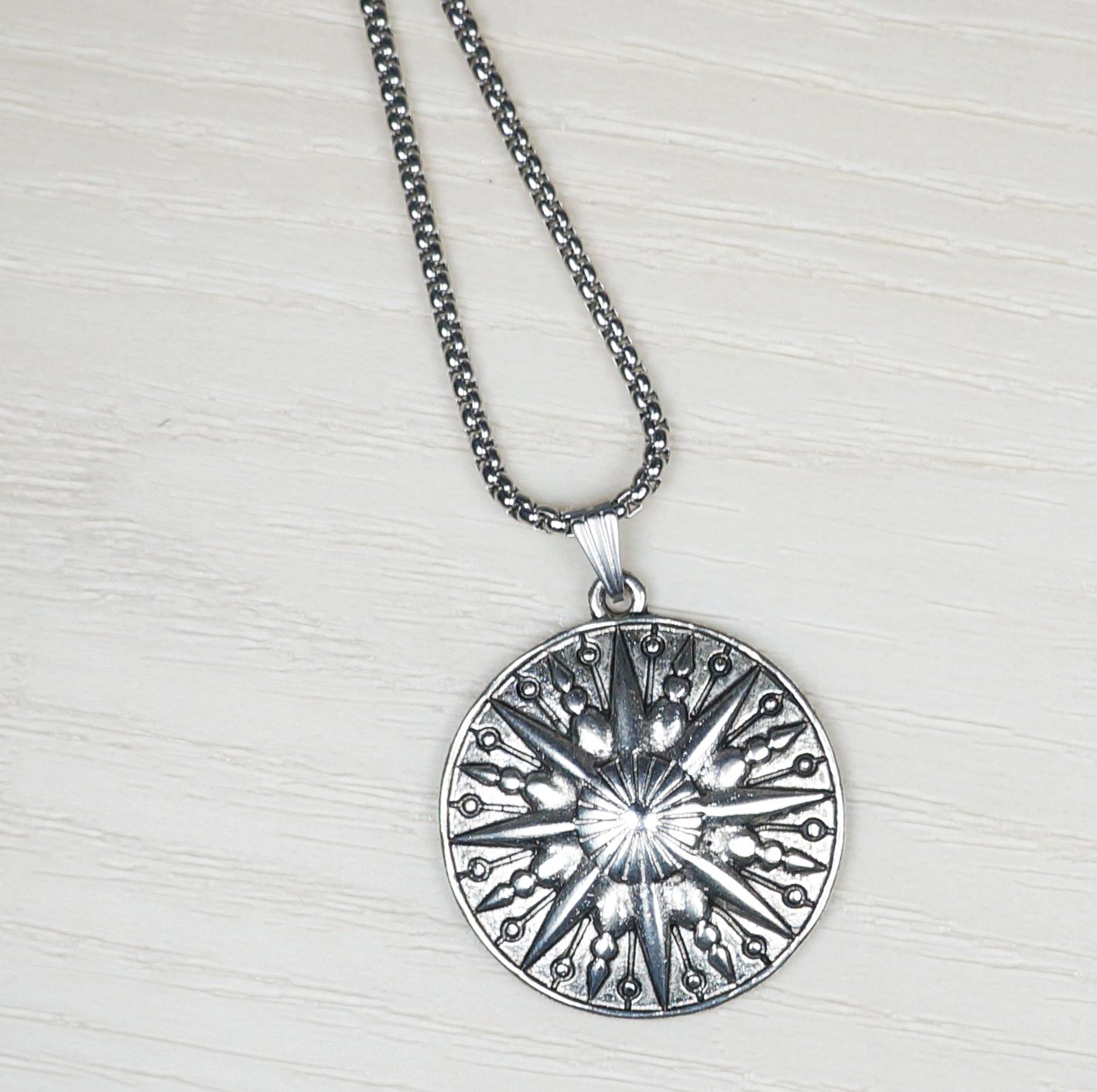 Celestial Boho Silver Sun Pendant, Stainless Steel Chain Necklace, Length Choices