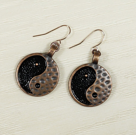 Yin Yang Dangle Earrings, Black and Hammered Copper, Hypoallergenic Rose Gold Ear Wires, Gift for Her