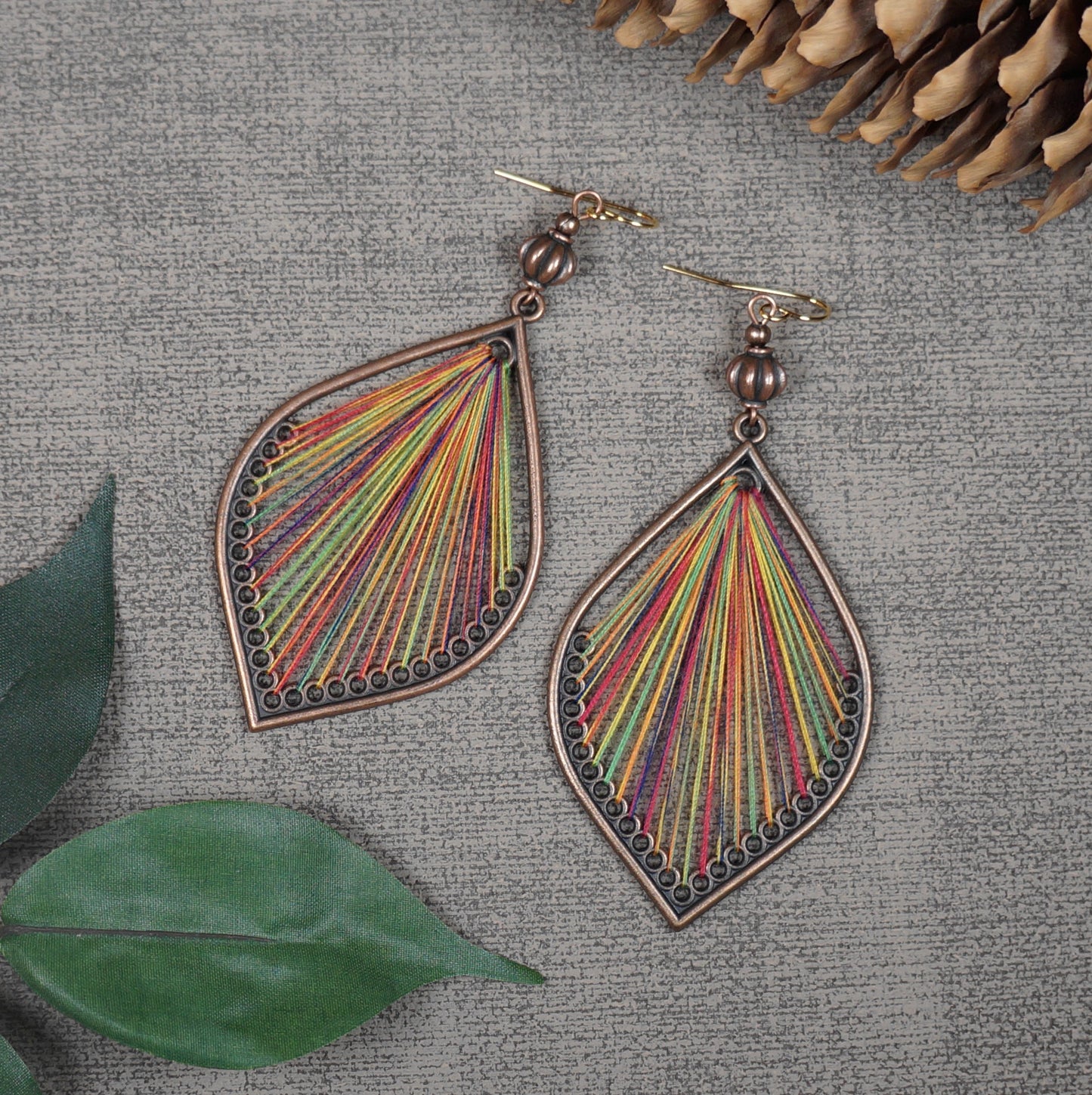 Boho Multi Colored Teardrop Thread and Copper Rustic Ethnic Statement Earrings, 18K Gold Earwires