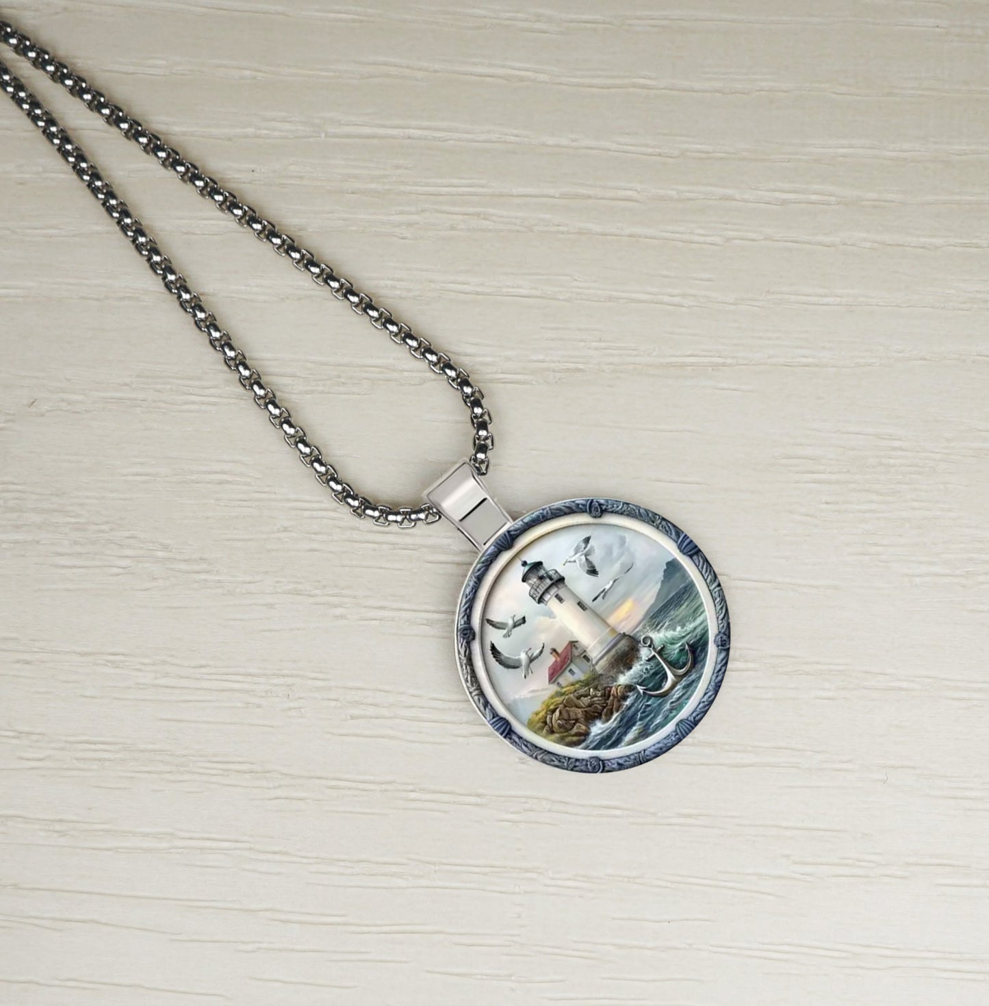 Intricate Highly Detailed Rainbow 2-D Lighthouse Pendant, Stainless Steel Necklace, Length Choices