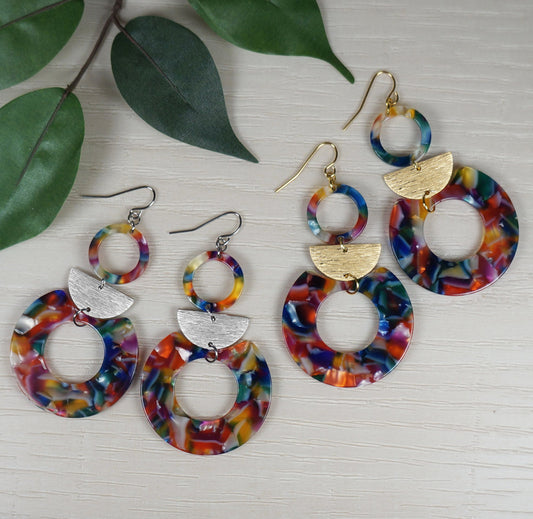 Multi Rainbow Color Acrylic Hoop Boho Statement Earrings, Platinum or 18K Wires