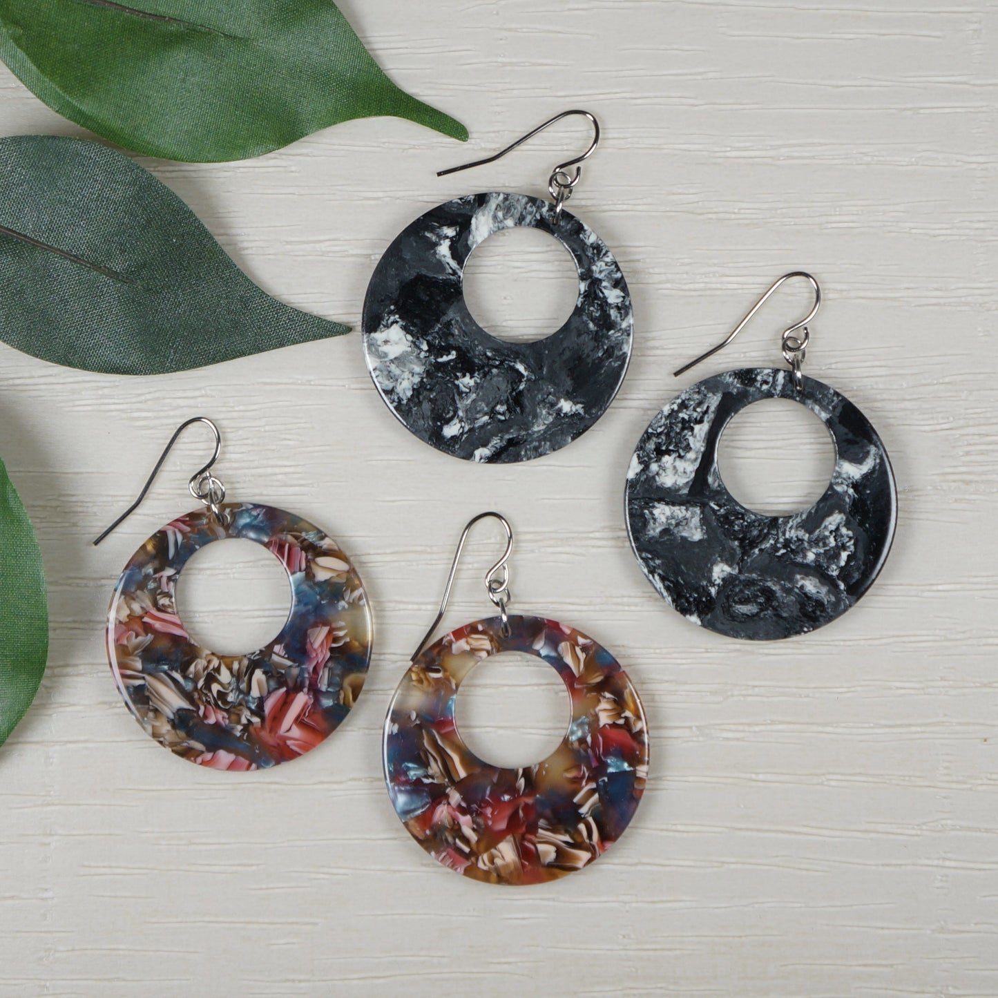 Lightweight Acrylic Boho Donut Statement Earrings, Platinum Ear Wires, Black or Red