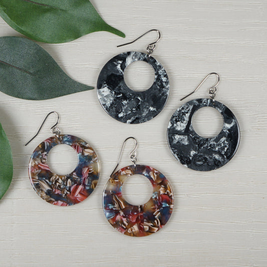 Lightweight Acrylic Boho Donut Statement Earrings, Platinum Ear Wires, Black or Red