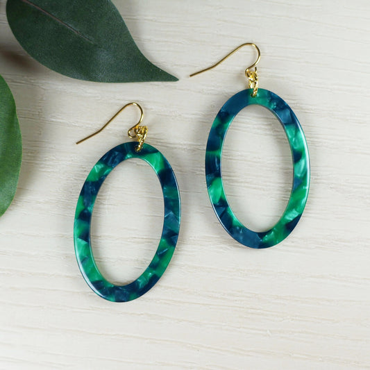 Green & Navy Blue Oval Acrylic Boho Statement Earrings, 18K Gold Ear Wires