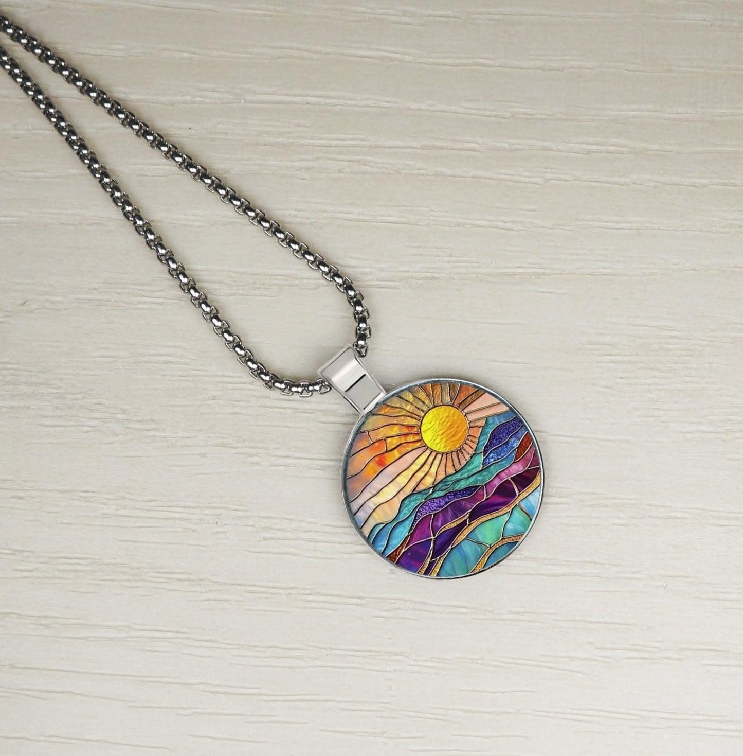 Intricate Highly Detailed Rainbow 2-D Stained Glass Look Sun Pendant, Stainless Steel Necklace, Length Choices