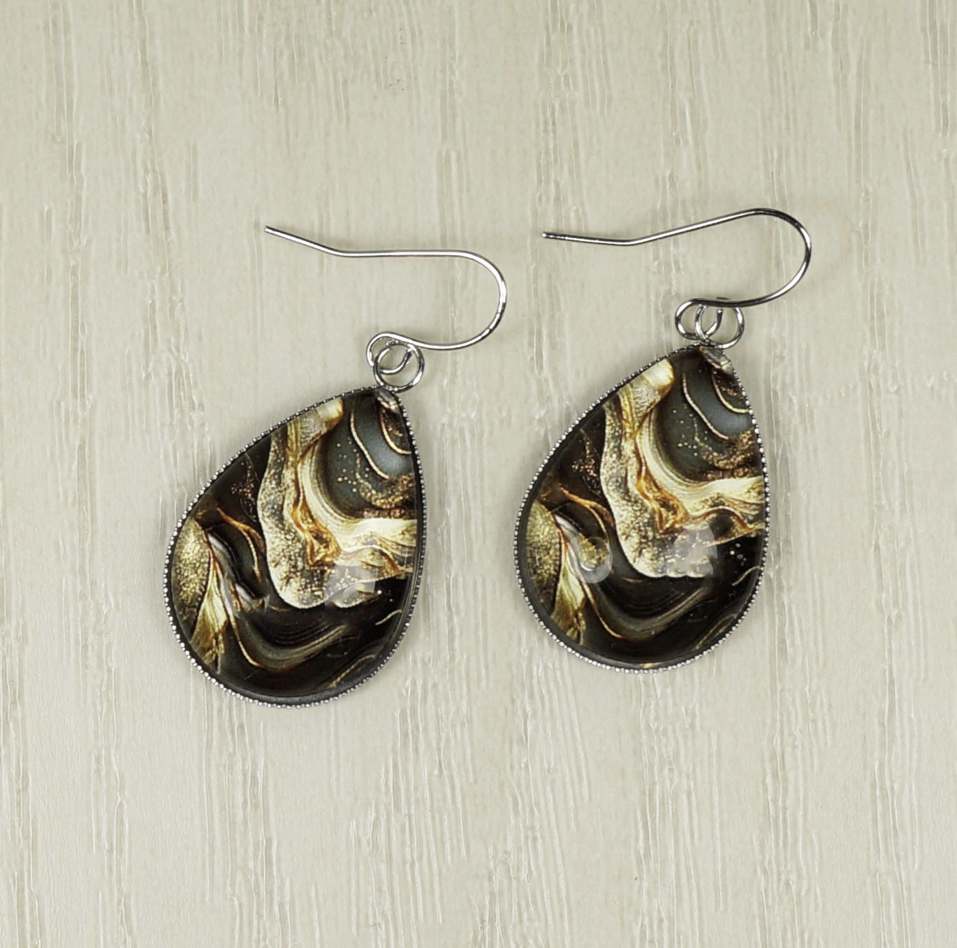 Intricate Brown & Gold Boho Teardrop Earrings, Hypoallergenic Platinum Ear Wires
